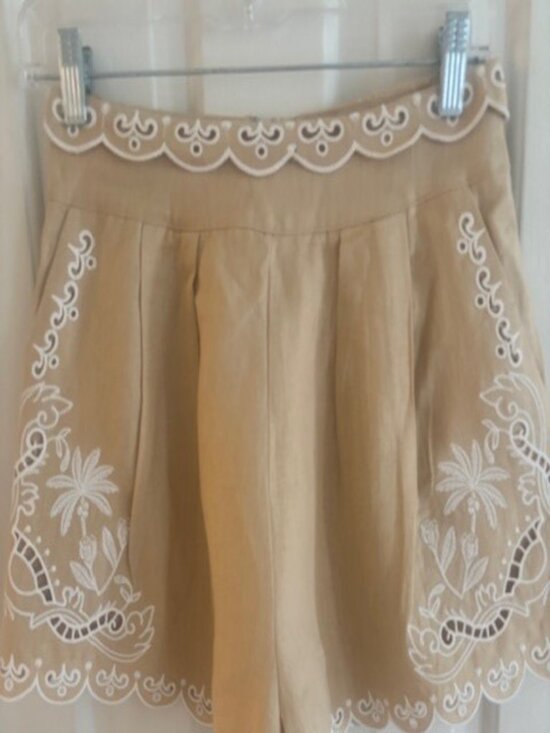 Farm Rio Pants - FARM Rio Tan Shorts with White Embroidered Trim